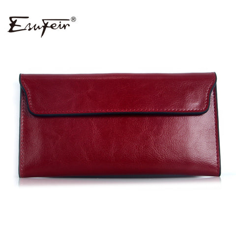 ESUFEIR 2017 Genuine Leather Women Wallet Long Purse Vintage Solid Cowhide multiple Cards Holder Clutch Fashion Standard Wallet