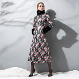 Fashion 2016 New Women Winter Jackets Women Cotton Pu Long Coats Slim Flower Printed Overcoats Women's Clothing Black Red S-XL