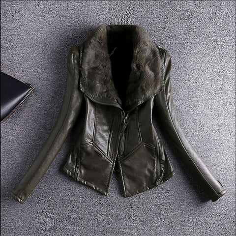 Fashion Slim Fit Women Pu Leather Jackets Real Rabbit Hair Collar Faux Leather Women Autumn And Winter Thicken Coats A2770