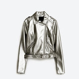 Women's Genuine Sliver Leather Jacket For Women Goat Skin Fashion Ladies Thin Bomber Motorcycle Coat Female Jaqueta Couro