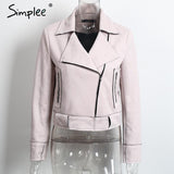 Simplee Apparel Zipper basic suede jacket coat 2016 motorcycle jacket Women outwear Pink belted short winter jackets